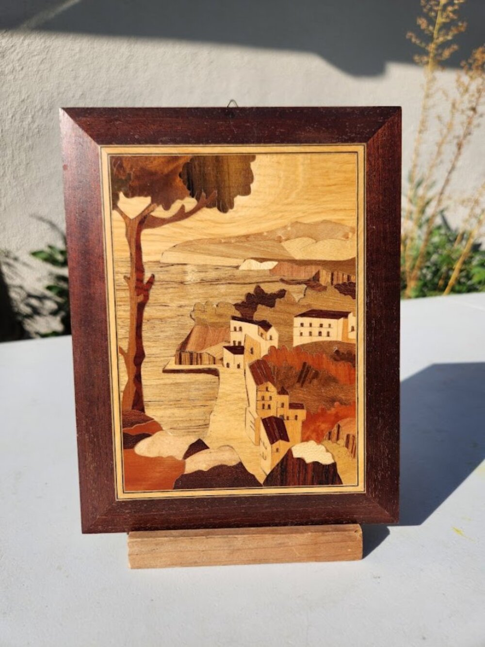 Vintage Italian Marquetry Wood Inlay Wall Plaque Mayflower Sorrento 9"x7" Mid-C